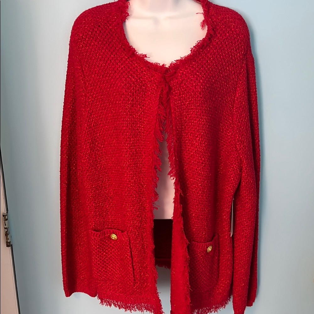 Chico's Red Knit Cardigan with Rounded Neckline